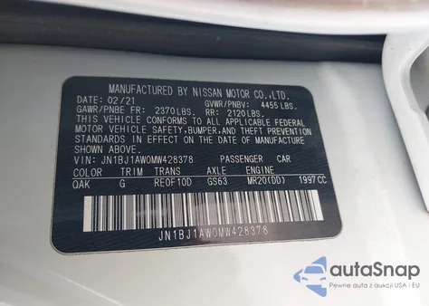 2021 Nissan Rogue Sport S Awd Xtronic Cvt z USA, uszkodzony, nr VIN JN1BJ1AW0MW428378